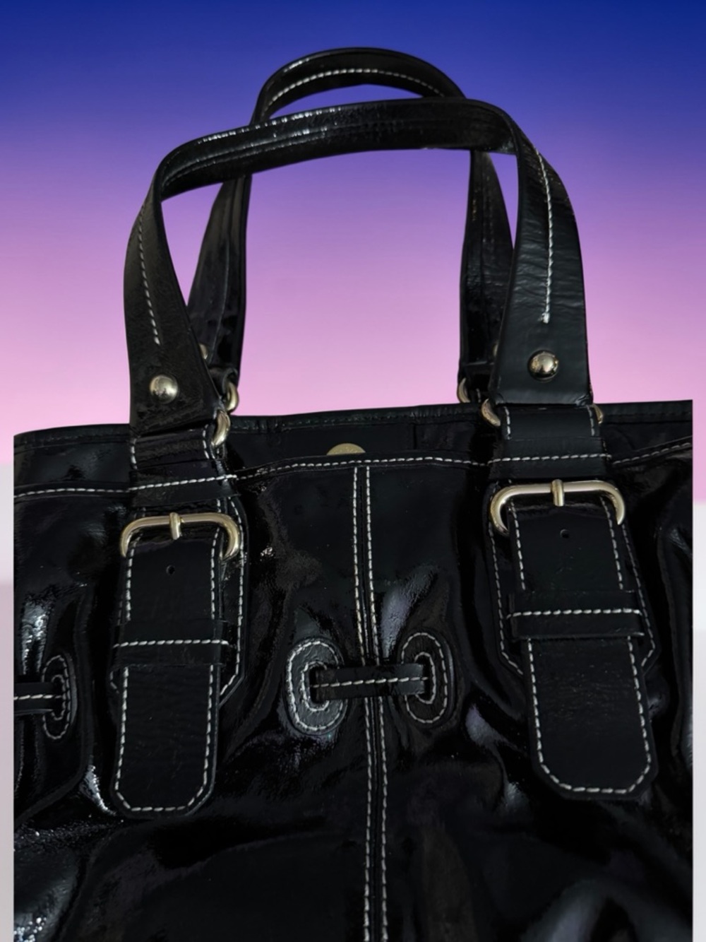 Vintage Dooney & Bourke Black Patent Leather Drawstring Satchel with Logo Plaque - Picture 3 of 10